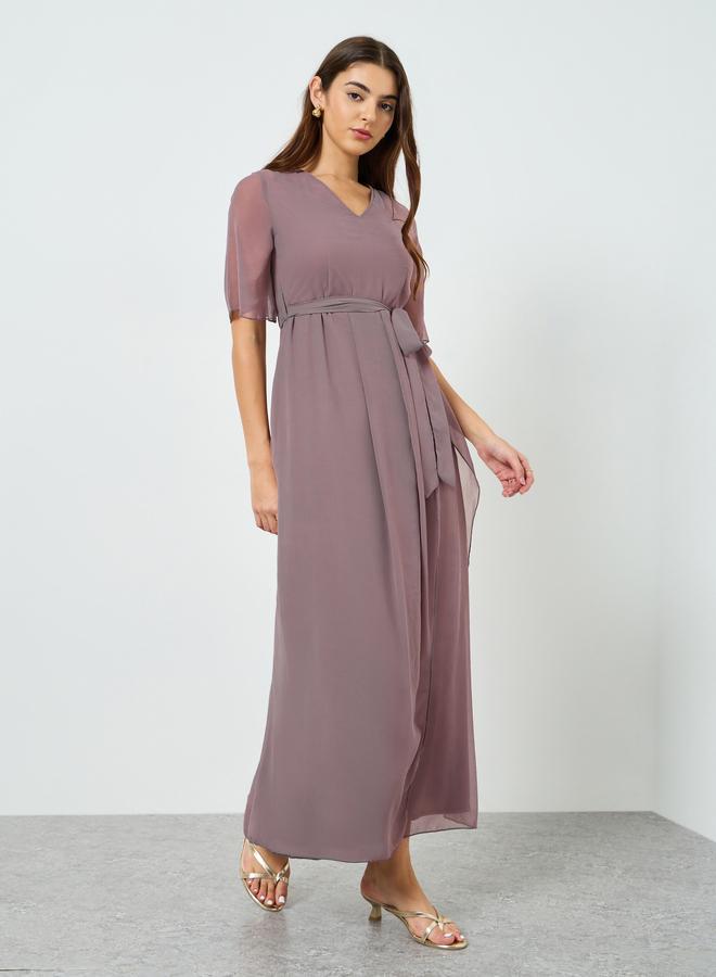 Styli Women V Neck Maxi Dress with Tie-Belt - Image 2